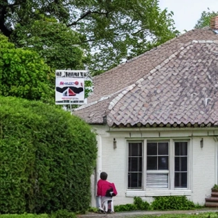 House with 3 men in fronthouse with a dog and a cat next to them. The house has a big sign that says "FOR SALE"