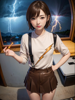 1girl, solo, misaka mikoto, short hair, brown hair, hairclip, brown eyes, (VFX, biribiri, electricity, lightning, l:1.5), front view, (fish eye, focus on girl:1.35), (masterpiece, best quality:1.5),fractal art,beach