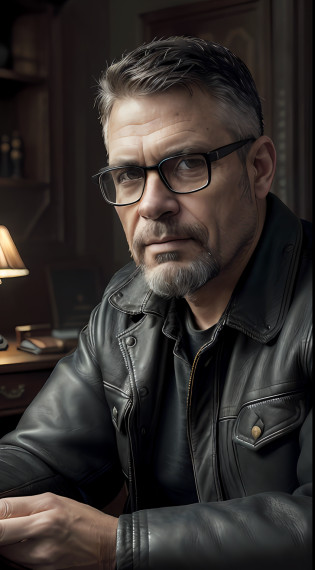 (editorial photograph 9:16of a working man sitting in his living room in, bearded, serious doing his reading, 47 years old, brown eyes), (wearing worn and worn winter shirt, wearing old worn black leather jacket, wearing glasses, detailed:1.3), (highly detailed face:1.4), (background inside dark, grumpy, private study, antique furniture:1.3), (8k, uhd, DSLR,  high quality, cinematic lighting, bokeh), (dramatic and award-winning photography, amazing masterpiece:1.3) (strong depth of field)