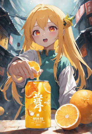 Someone is holding a bottle of orange juice with a sticker, drink, made of drink, it has lemon skin texture, lemon demon, Wang Chen, energy drink, qiangshu, made of lava, daoshu, ? ? ? ?, Fire punch, komono, zmonzheng