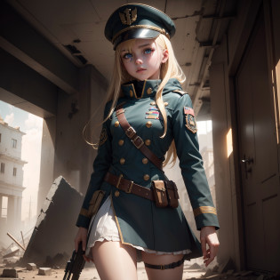 Destroyed towns,3 Ukrainian girls , Ukrainian anime girls , , Ukraine ,  Full body composition of young girl with messy bright blonde hair, eye make up, 13 year old,  Soft lighting, Solo, Old torn dirty shabby futuristic military uniform, badges, Pose, Blotch color, Octane Render, Hyperrealistic intricate detail, Cinematic, 8K resolution, 70mm, Accent Lighting, Global Illumination, Full body portrait, clean detailed faces, intricate clothing, Cute face, flat chest, Slim waist, Slim legs, small hips,Major's uniform,Major's hat,Holding a handgun,Long jacket,Carrying a cloak,actionpose,Fancy Action,