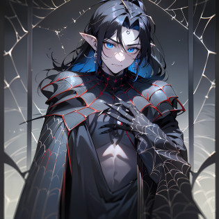 ((young man)), (((male))), guy, slim body, (((flat chest))), (((one person))), ((single)), solo, (((he has black colored hair))), (((pitch black colored hair))), (straight hair), (((high ponytail))), (((dark blue colored eyes))), ((a few black colored scales on the skin)), (((grey colored skin))), ((pointy ears)), (((black spider legs on shoulders))), (((black spider legs))), (((black colored antennae on head))), ((black antennae)), (((black colored feelers on his head))), ((spiders in the background)), (((the man has pitch-black colored hands))), ((his hands are black)), (((fantasy style))), magic, (((wearing black and dark brown colored clothes))), (((dark blue details))), (((dark blue colored details))), (((silver colored details))), ((grey colored details)), (((silver details))), standing in a dark pine forest, (((fantasy patterns on clothes))), (((magical patterns on clothes))), serious expression, (spiders), black�colored�gloves