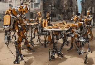accidentally wes anderson award - winning photograph of boston dynamics robots on a lunch break eating pizza and drinking coffee, epic calmness scene, 4 k, detailed, art by greg rutkowsky, trending on artstation, cinematic lighting, filmic grain, golden hour, detailed, 4 k