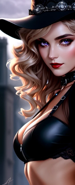 style_empire, (extremely detailed CG unity 8k wallpaper), (extreme close up:1. 3), (medium shot), (cowboy shot), beautiful witch woman walking down street, (walking), (runway walk), ((tanned skin:1. 3)), ((e-girl blush)) short hair, ((blonde hair)), (black hair roots), ((ringlet hair:1. 3)), ((purple eyes:1. 2)), ((detailed symmetrical face)), (pretty face), Mascara, reflective eyes, makeup, ((smokey eyeshadow)), (red lipstick), ((white sclera)), fog, cute nose, (smirk), (black witch hat), rim lighting, dramatic lighting, chiaroscuro, ((black witch skirt)), (intricate lace crop top), (long sleeves), (midriff), (belts), detailed ribs, navel, (stomach muscles), ((fitness girl)), (fishnet dress), (black choker), (high heel ankle boots:1. 2), (thighs), ((legs)), (gothic industrial city), black stone walls, Lanterns, (purple sky, ) ((dark clouds)), from above, (professional majestic impressionism oil painting by Waterhouse), (art by alphonse murat), John Constable, Ed Blinkey, Atey Ghailan, (Studio Ghibli), by Jeremy Mann, Greg Manchess, Antonio Moro, trending on ArtStation, trending on CGSociety, Intricate, High Detail, dramatic, trending on artstation, trending on CGsociety