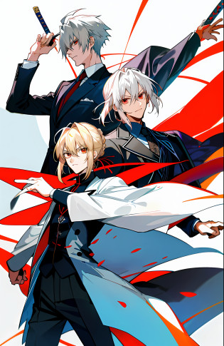 Anime - Style image of a woman in a suit drawing a sword pointing at the camera, sword tip, handsome anime pose, inspired by Osaber, anime boy, inspired by Artoria Pendragon, tall anime man with red eyes, 2 D anime style, anime moe art style, young anime, anime handsome man, zero zen art, fate series