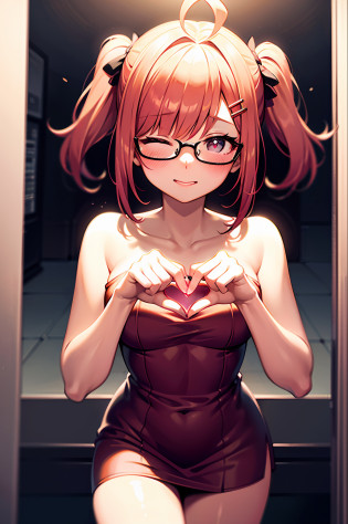 pink hair, blunt bangs, bangs, ponytail, twintails, short ponytail, sidelocks, heart ahoge, hairpin, hair ribbon, hairclip, hair ornament, hair bow, bespectacled, hair scrunchie, heart hair ornament, bow hairband, pink hairband, heart-shaped pupils, mismatched pupils, one eye closed, sparkling eyes, cheek pinching, cheek pinching, facing another, excited, nose blush, naughty, interior architecture, anime, Minimalism, anime style, depth of field, backlighting, ray tracing, 16k, highres, best quality, high quality, high details, super detail, masterpiece