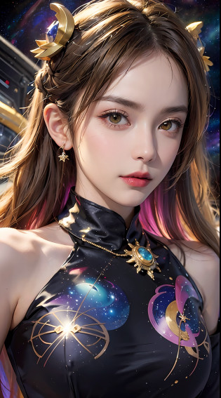 1 27-year-old girl, 1 zodiac goddess from the future, goddess of the pink and purple 12 zodiacs, the goddess of the zodiac in a yellow ao dai, a 12 zodiac ao dai with many black lace detail, mythology Goddess of the 12 zodiacs from the future, zodiac ?, luxurious glittering zodiac style, dark and mysterious version, zodiac crown, lipstick lips red, thin and beautiful lips, don't smile, keep your mouth shut, characters made by karol bak and pino daeni, intricate detail, detailed background, extremely detailed, light magic, a woman, clear face, look at the face of goddess zodiac look at the zodiac goddess face, moderately large breasts, round breasts, Big and round breasts, hair long with bangs, beautiful face in detail and well-proportioned eyes, (transparent yellow eyes: 1.8), big round eyes and very beautiful and detailed makeup, foresight, silk dress, mysterious makeup, Bangles, double bangs and dyed light blonde, upper body, (zodiac goddess upper body: 1.9), arms hanging loosely, Realistic and vivid photo, (stars make up the zodiac: 1.7), (sky background zodiac and fictitious space and time portal: 1.8), fiction art, RAW photo, hanfu picture, best photo, high_res, best quality, best photo quality, 8k quality, 8k ultra, super realistic, real photo most economical, artistic portrait of goddess zodiac, 1 symbol of 12 zodiac signs on the back, single portrait of 1 zodiac goddess, The most realistic color scheme, the best photo color, masterpiece, hair ornament, necklace, jewelry, Beautiful face, upon body, tyndall effect, photo realistic, dark studio, rim lighting, two tone lighting, (high detailed skin:1.2), 8k uhd, dslr, soft lighting, high quality, volumetric lighting, candid, Photograph, high resolution, 4k, 8k quality, Bokeh, Smooth and sharp, increase the pixel by 10x, Charming zodiac goddess, sexy zodiac goddess, (background space:1.8), (galaxy: 1.7), aurora, lightning, (Auroral Background: 1.8),(Virgo zodiac sign: 1.8), <lora:locon_perfecteyes_v1_from_v1_