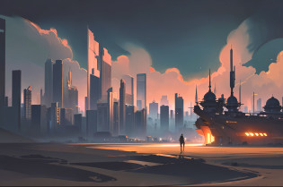 Impasto, Style fantasy futuristic ambient, old bar in the desert, smog, backgraund blur spaceship, in the darkness nigth, (best_quality:1.3), (masterpiece:1.3). (ultra_detailed:1.3) --auto --s2