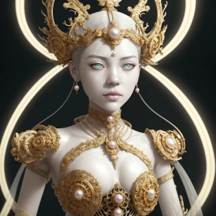 the portrait of a girl and beautiful, beauty cyborg, an ornate elaborate high fashion fantasy suit, Victorian, Chinese, veils, victorian dress in chinese dress pattern, Siren form Jibaro netflix, Couture ornament gold filigree, dynamic, particular, rich colors, intricate, harpers bazaar, elegant, centered, artstation, smooth, sharp focus, octane render, reflect and caustic, white glow neon, Autochrome Pearl Portrait, Pearl Silverplate, (Pearl:0. 06), Golden Jewelery, Silverplate, intricate, unreal engine, ultrafine, hyperdetailed, by kim jung gi, Soey Milk, wlop, artgerm, greg rutkowski, alphonse mucha, unreal engine 5, global illumination, radiant light, fantasy
