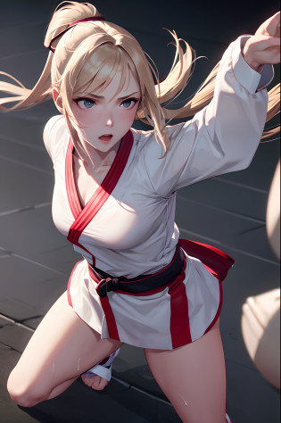 (Best Quality,8K,hight resolution,masuter piece:1.2),Ultra-detailed,Realistic:1.37,Portrait,female karate athlete,white kimono,Teenage girl,small head,Cute,Sporty,Charming face,Detailed beauty face,Very realistic skin,Wet skin,Sweat,Large breasts,Narrow waist,nice legs ,Sporty,karate Arena,Cinematic lighting,