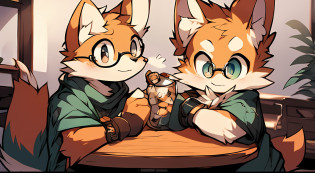 A squirrel sitting at a table cool cool cool style picture, serious expressions,With a pair of glasses?large tail? commission on furaffinity,Portrait of Squirrel, fursona art, furaffinity commission, ,Squirrel supplement, A squirrel, Anthropomorphic squirrel, A haughty expression, fursona furry art commission