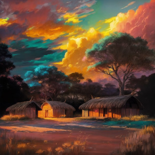 Cartoon Watercolor & Oil painting illustration?Shows thatched roof villages before sunset on the prairie,The hut is the main composition? In the style of Liam Wong, serenequietude, 2D game art, UHD image, vibrant paint palette, Pixelated landscape:: Cartoon Watercolor & Oil painting by Joseph Christian Leandecker & Shepard Fairley & James Jean & Anders Zorn & Jeremy Mann & Alphonse Mucha, Thatched roof village on savannah?There are acacia trees, Motion graphics, flowerpunk, Afropunk, Intricate details, Dynamic, Dramatic lighting, The light from the back window is backlighted, raking light, vivd colour:: Erin Hansen & Donato Giancola's & Nicolas de Starr, Sunset, Thatched roof village on the plains of Savannah, Large acacia tree, cumulus cloud, ultra - detailed, Cinematic lighting, Long shadows, Saturation contrast
