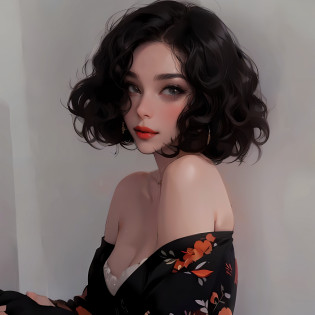 there is a woman with a black dress and orange lipstick, dark short curly hair smiling, short curly hair, curly middle part haircut, curly and short top hair, (dark shorter curly hair), wavy short hair, short wavy hair, wavy and short top hair, very short curly hair, short dark hair, curly dark hair, french bob hair, vibrant dark wavy hair