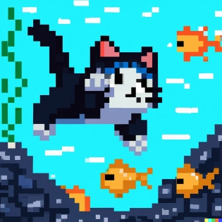 a cat swimming under the sea, with lots of fishes, pixel art