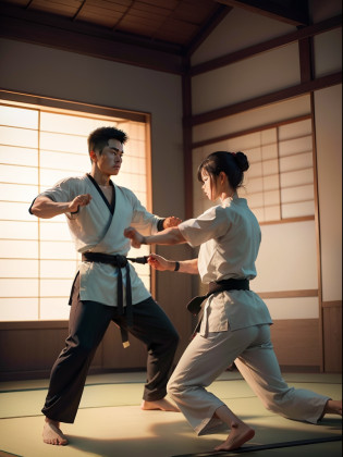 Create an artwork that portrays the essence of Japanese martial arts as guardians of peace. Envision a serene dojo nestled in a tranquil Japanese garden, with martial artists engaged in disciplined training. Capture the grace, precision, and meditative spirit of their movements. Emphasize the harmony and respect that martial arts instill in practitioners, as they dedicate themselves to both physical and spiritual growth. This image should convey the message that martial arts are a force for peace and self-improvement.