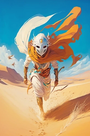 a man running looking at the camera in top of a white sandy dune, wearing a white tribal mask and white oversized clothes, intricate tribal details, dreamy, colorful, bright colors, futuristic, anime style, studio ghibli::2 --ar 2:3 --q 2