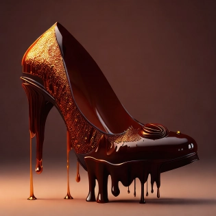 pair of shoes that are made of chocolate| floating in air| melting and dripping with chocolate| 3D render| clean composition| a beautiful artwork illustration