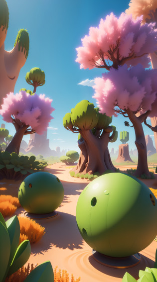 Overall green style?Three-dimensional is more three-dimensional?Close-up of cartoon characters in a flower field, Mobile game background, 3 d stylize scene, 3 d render stylized, Stylized 3 D, fantasy desert crystal island, mobile game asset, candy forest, stylized 3d render, violet battlefield theme, stylized as a 3d render, 8K high quality detailed art, Stylized game art?Dream imagination scenes