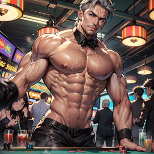 Depicts the whole body?Men only?A sexy, Functional, ?A space filled with hot air and steam?You can't see the background well in the haze?dimly lit luxury clubs,luxury casinos?slot machines?roulette?gaming table?gambling?striptease??large playroom?  Parti, a playboy bunny, Rabbit ears?White cuffs on wrists, Black bow tie?Bunny Boy?Mega Muscle?hyper muscles?masculine look?matured male?a handsome?in one's underwear only?Upper body naked?no pant?Beautiful muscles?Complex and elegant?highly-detailed digital painting?anime style art?art  stations?concept-art?top-quality??masterpiece?The ultra -The high-definition??????Realistic diagrams?Muscle Man?musculature?facial hairs?Volumetric lighting?depth of fields? stoop?squatt?Show the armpits?Smooth and sharp focus?illustratio?art by?String Latex Bikini?Men's String Latex Bikini?Men's String Bikini?Bat Digger?facial hairs? Trimmed hair?musculature?a navel?musculature?male people?gay?hyper muscles?Male Focus?muscles male?Yaoi?musculature?glute?pectoral muscles?large pectoral muscles?thick quadriceps?thighs thighs thighs thighs?a wet body?heat and steam emanating from the body?Sweating?sodden?Inter-strands?Face down on a white beach bed under a striped parasol?big back?Looks Back?Show the back?showing butt?Upper class? Bunny Boy Waiter?tropical drink?shiny oiled skin?Glittering oiled skin?skin tanned?Bubble buttocks?Dog style?Bunny boy waiter and guest man?45-year-old uncle with gray hair