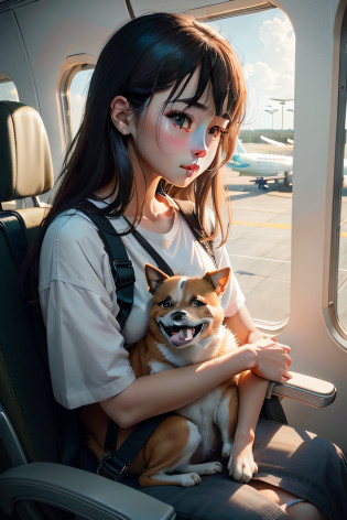 clew?The plane was parked at the airport?Guests who are on board?Carrying a cage in his hand?There is a cute little dog in the cage?The illustration is a high-definition illustration in 4K resolution?featuring highly detailed facial features and cartoon-style visuals?