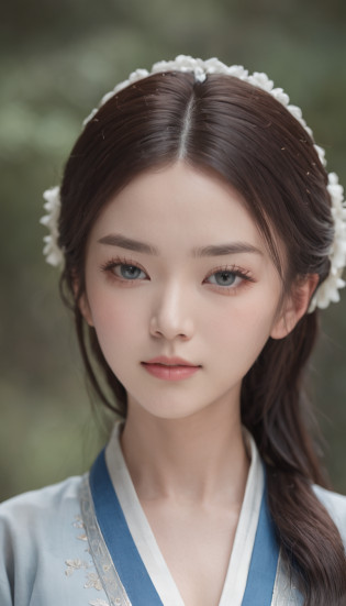 1 beautiful and cute reality show girl, Gentle young girl, Waist length hair, cabelos preto e longos?Slightly blue, Light blue eyes, wearing a long, Thin, a blue dress?Hanfu style, ((a blue dress?White lace border covers the girl's:0.8)), Style Hanfu, Wearing an ancient Chinese silk shirt, Pink and smooth white skin, Dressed in low-key antiques, Oday, appears shoulders and head in the photo,Cute little face, Eye bags under wet makeup, Plump red lips, Pout, ((Closed mouth:1.0)), Balance incisors, Embarrassed, Small face makeup explained?Tremendously beautiful, Breasts are super round and firm, Breasts are plump?A plump chest? Blum chest cabinet, ((Cover the girl's chest with a camisole inside:1.2)), Blush, From the front side, Wear earrings, choker necklace, From above, view the viewer, Upturned eyes,  Masterpiece, Top quality, Best quality, offcial art, Unity 8k wallpaper, A high resolution, Ultra-high RES, Ultra-detailed, (Photorealistic:1.2), Alone, Solo, only 1girl, Style Hanfu Dunhuang, 10x pixel, Super realistic, Ultra high quality, Full body view of girl,  Seven-doppelganger shot,