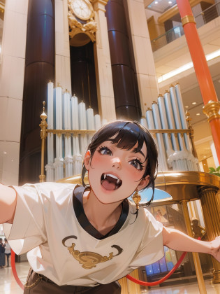 Allahed girl in white shirt standing in front of pipe organ, pipe organ, gemma chen, gongbi, In the big cathedral, photo taken with canon 5d, chiho, taken with sony alpha 9, at a mall, at a mall, With a large golden pipe, appearing in a shopping mall, 8K selfie photo, captured on iphone