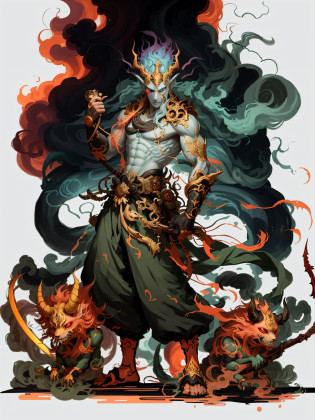 a drawing of a man with a sword and a demon, beautiful male god of death, mohrbacher, inspired by Shunk?sai Hokush?, in the art style of mohrbacher, asura from chinese myth, the god of chaos, inspired by Ry?k?sai Jokei, in style of peter mohrbacher