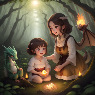Sofia, a girl with brown hair and curious eyes, finds a glowing egg in a forest clearing. The egg cracks open, revealing a small, fluffy dragon hatchling with big eyes and charming wings. The scene radiates joy and surprise, with the newborn dragon's flame glowing brightly.