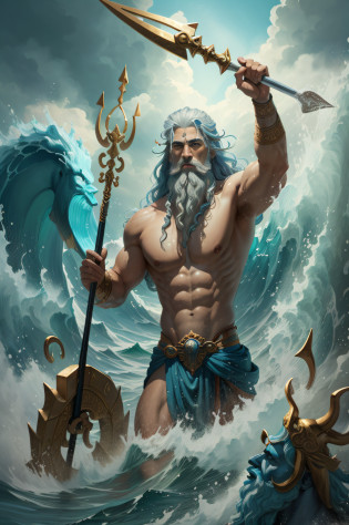 a painting of a man with a spear and a large body of water, the god poseidon, poseidon, the god of the sea, greek myth digital painting, holding his trident, god of the ocean, furious god zeus, the god zeus, greek god, as an atlantean, greek mythology characters, old god, greek gods, epic scene of zeus