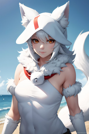 There is a white scribe-northern fox-arctic fox with a bandana on his head, furry character, furry body, Furry art!!!, Furry anime, furry character portrait, white fox anime, Furry art, fluffy chest, Anthropomorphic furry art, furry digital art, furry fursona, very very beautiful furry art, furry fantasy art, fluffy chest, Fursona in stylish clothes