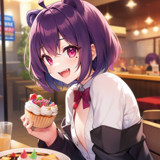 1girl, solo, animal ears, pose, happy, smiling, fangs, purple bear ears, purple hair, ahoge, bangs, short hair, original character, pink eyes, magenta eyes, red eyes, multicolor eyes, short hair, wavy hair, swept bangs, small breasts, flat chest, bear ears, tired, sleepy, bags under eyes, beauty mark, young, loli, short eyebrows, restaurant background, indoor background, laughing, food awe, food, looking at food, star pupils, awe, food, food plate, eating, cake, birthday cake, birthday, party, birthday party, happy birthday, happy, excited