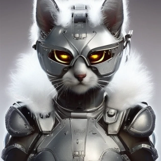 cute fluffy cat in cybernetic armor, white fur, cyberpunk, highly detailed, intricate details, cinematic lighting, concept art, unreal engine, 8k, octane render, ray tracing, art by artgerm and greg rutkowski