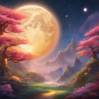 Mid-Autumn Festival, A round moon, the night, ?Moon cake?, teas, the fruits, edgBunny, Chang'e rushes to the moon, symmetry, high detail, Romanticism, sparkle, god rays, ray tracing, UHD, retina, masterpiece, ccurate, super detail, high details, high quality, best quality, highres, 16k, anatomically correct