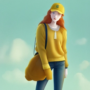 young adult, mid twenties, female ginger, camera around neck, wearing yellow jumper, yellow baseball cap, character design, character animation, in the style of Kentaro Miura, beautiful natural lighting, volumetric lighting, adorable --v 4