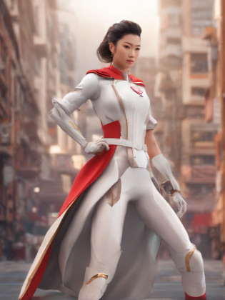 Ms. Typhoon Ninh wears a uniform with the typhoon logo and a white cape, He wears a pair of long white gloves on both hands?, Wear a pair of white boots on both feet, Full Body Shot Unleash powerful superpower effects?The lens shows the whole body@David xiyu