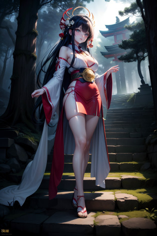 Picture like a photo, ultra-detailliert, Beautifully Aesthetic, (European Girl), ((Transcendent Beautiful Girl)), ((delicated face)), Beautiful lips, (Delicat eyes), (Beautiful eyes), Perfect proportions, (Beautiful udder), Amaterasu Omikami, Goddess, ((Japanese shrine maiden)), Red and white priestess uniform, Halo on the back of the head, Standing, Night Forest, nigh sky, (rays of moonlight), Mossy stone steps, leaves falling, japanese temples, cabelos preto e longos, Moonlight, heavy wind, Light-shaded details, Dream colors, dream magical, Low position, wide angle, anatomically correct, textured skin, high details, best quality, 8k