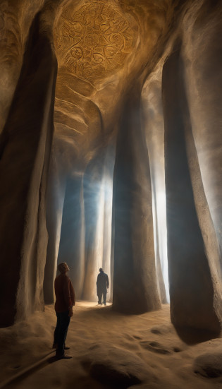 na Caverna Escura, John discovers the seven golden seals for the first time. The scene is filled with a mysterious atmosphere, como se algo divino estivesse prestes a ser revelado. The main focus of the scene is the seven golden seals. They emit a soft, ethereal glow, illuminating the surrounding darkness. The stamps are exquisitely crafted, with intricate patterns and symbols that suggest their ancient and sacred origins. Eles brilham com um brilho sobrenatural, cativando qualquer um que coloque os olhos sobre eles. The cave is vast, with towering walls stretching into the depths of darkness. Estalactites penduradas no teto, casting strange shadows on the ground. The air is heavy with a sense of anticipation and ancient power. Mysterious symbols and writings adorn the walls, Insinuando o enigma das focas. Uma fonte de luz fraca e cintilante, possivelmente uma lanterna velha, casts long shadows that dance and sway, increasing the sense of mystique. Rays of light penetrate through cracks in the walls of the cave, illuminating dust particles suspended in the air, creating an ethereal and almost magical environment. John stands in awe at the seals, seu rosto iluminado por seu brilho dourado. The expression on his face is a mixture of emotion, reverence, e uma pitada de medo. Ele pode sentir o imenso poder contido nos selos, e o peso da responsabilidade que vem com o desvendamento de seus segredos. The color tone of the scene is dominated by deep blue tones and subtle touches of gold, highlighting the mysterious and divine aura that permeates the cave. The lighting is low, acentuando o jogo entre luz e sombra, evocando um sentido de mitologia antiga e conhecimento oculto. When John reaches out to touch one of the seals, Um sussurro suave enche o ar, carrying a cryptic message that only he can hear. The cave seems to hold your breath, building anticipation for what lies beyond the closed gates. Geral, a cena na caverna escura onde John descobre o serne