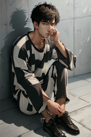 1male people, The upper part of the body, Preware, Striped clothing, The shirt, (wide sleeves), long-sleeve, Striped clothing, Striped pants, Black footwear, inside the house, prison, prison, (sitting on),, Short men, being thin?Shorthair?A dark-haired?Crazy look?window, (extremely detailed CG unified 8k wallpaper), (top-quality), (ultra-detailliert), (The best illustrations), (Best Shadows), realisitic, ?masterpiece, top-quality, ?masterpiece, top-quality, ?masterpiece, top-quality, ?masterpiece, top-quality, ?masterpiece?top-quality??masterpiece?top-quality