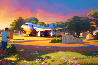 There's a man standing in front of a plane on display, Directed by: Herbert MacNair, com um parque nos fundos, com um parque ao fundo, a foto mostra um grande, um parque, From a distance, plane, Parque em segundo plano, um tiro largo e cheio, plane, mid view, mid view, foto do museu, obra-prima obra de arte --auto