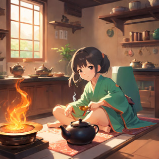 Anime 7-year-old girl in Hanfu standing next to a teapot, flatchest?full bodyesbian?Boiling a teapot over charcoal on the stove, Side Body?stove?charcoal fire?teapot?Please wear black cloth shoes?author?author?Qu Leilei, author?Chen Dafu, author?Xia Gui, author?Elephant Kazuyoshi, by Yang J, author?Qiu Ying, author?Chen Jiasui, author?shaggy, author?Xia Yong, author?Yao Tingmei, Drinking tea, By Li Song