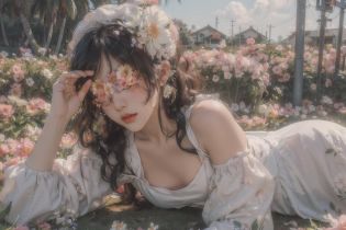holding petal, flower hat, tropical, falling petals,1girl,long hair,flower mask,(girl lying in a flower field:1.2),heart background, timestamp, hat flower, seasons, emoticon, flower \(symbol\), fine art parody,  summer, colorful, flower bed, floral print ,white dress,<lora:Asian girls faceV2:0.5> <lora:sd-No.176-000014:0.8:FACE>