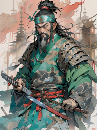 (((China-style?Ink painting method?Half-length portrait?Intense color?Han dynasty, China?Hanfu?Armor?Guan yu?Guan Yunchang?of a guy?Ruddy killing square face?Hold the Blue Dragon Moon Knife in his right hand?Stroke your beard with your left hand?Long hair?petty eyes?Green robe))), (((best qualityer))), (((tmasterpiece))), (((AS-Adult))), ((( Japanese ))), Look up from your knees, Handsome Asian samurai?perfect body figure, Modern samurai, ((( Asian))), Wear gloves on your hands?The left arm is made of steel and metal tips?Made of protective devices, The eyes are pulled, (( Appears below the chest )), (( Small dental floss )), Simon Bisley, Almost naked?Simon Bisley?Castle City Wilderness?For high-resolution posters, hair straight, Minimum clothing, armure (Crazy clothes ), Full of tips and rivets, tribal tattoos, (((full bodyesbian))), Straight brunette hair?Colored hair ends