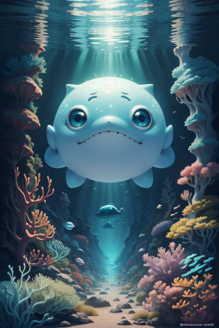 In this captivating artwork, a charming sea creature named Saiko (psycho) resides in a picturesque underwater world. The style of the artwork is reminiscent of Studio Ghibli's enchanting animation, with its whimsical and heartwarming elements. The mood of the artwork exudes a sense of joy and wonder, perfect for a children's picture book. As young readers delve into the pages, they will be transported to a magical oceanic realm, where they can embark on delightful adventures with the lovable Saiko.