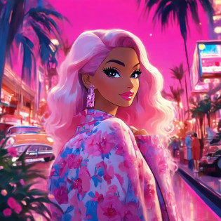 Make another scene with the same style, Barbie is now outside the perfume shop, Now she's holding a perfume shop bag, She was about to get in the car, Her car is a C1 Corvette, Pink and white, C1 Corvette, She wore a pink and white plaid dress?The background shows a city with 80 states, There are palm trees and a lot of pink flowers.