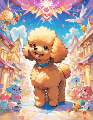Experience the whimsical world of Naoki Saito through this enchanting Toy Poodle illustration. Naoki Saito's distinctive style is characterized by vibrant colors, intricate details, and a touch of surrealism, and all these elements converge to bring this artwork to life.

In this mesmerizing piece, the Toy Poodle is transformed into a magical creature, its fur adorned with a kaleidoscope of vibrant hues that burst forth from the canvas. Saito's meticulous attention to detail creates a sense of depth and texture in the Poodle's fluffy coat, making you want to reach out and touch it.

Set against a backdrop of fantastical landscapes and dreamlike scenery, the Toy Poodle becomes a fantastical companion, inviting you to explore this captivating world. Naoki Saito's masterful use of color and composition draws you into a narrative that's both playful and profound.

This artwork not only celebrates the beauty and charm of the Toy Poodle but also invites you to embark on a visual journey through the imagination of one of today's most visionary artists. It's a delightful fusion of canine elegance and surreal wonder that's sure to captivate art enthusiasts.

Bring a touch of magic and artistry into your life with this Toy Poodle illustration in Naoki Saito's style, and let it transport you to a world where dreams and reality intertwine,