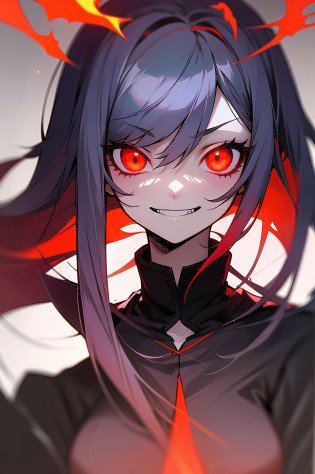 Anime, demon, Demon Girl, Red eyes, demon, demon, Demon Girl, Demon Girl, Demon Girl, Demon Girl, Demon Girl, Demon Girl,, with red glowing eyes, evil smile and glowing eyes, with glowing red eyes, demon anime girl, evil grin smile, red eyes glowing, gapmoe yandere grimdark, portrait gapmoe yandere grimdark --auto