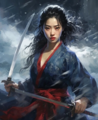 a painting of Nak-Su, the beautiful Korean female assassin from Alchemy of Souls, Go Yoon Jung, holding a sword in an ocean covered by ice, black and red traditional hanbok, hair tied back, in the style of dark sky-blue and red, cinematic movie still, sandara tang, k-drama, historical drama, lit kid, metafictional, snow scenes, technological fusion --ar 25:31 --quality 2 --s 750 --v 5. 1