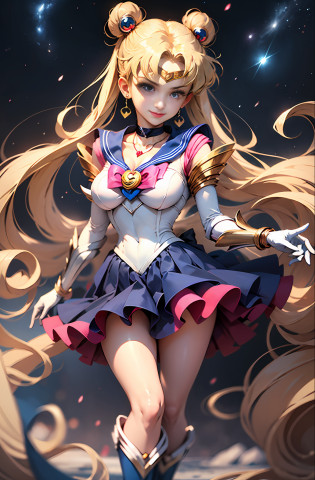 A masterpice?beste-Quality?(1�girl)?(Super Sailor Moon:1.3)?cowboy lens?At night sky?moonlights?by night?white glove?blue eyed?galaxy background?Dark blue pleated mini skirt:1.3,Sailor Senshi Costume:1.2?White,Thin fabric:1.2,Dark blue collar:1.1,Large bust:1.2,Blonde hair:1.2,lightl smile, Red Ribbon?hair adornments?Red bow?brooch?heart brooch:1.2????Crescent?Heart Necklace?heart mark?extra very long hair?Crescent Earrings?tiaras?Yellow Necklace?Crescent Long Boots?Red knee boots:1.1?clong legs,skirt rift:1.5