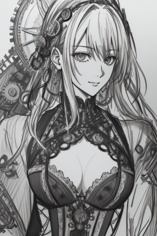 An awe-inspiring greyscale pencil sketch capturing the enigmatic Makima from the manga series Chainsaw Man, showcasing her in a detailed portrait that extends till her torso. Makima is portrayed wearing an exquisite steampunk dress, intricately adorned with gears, chains, and ornate patterns. The sketch showcases the stunning details of her dress, the folds and textures, as well as the precise shading that brings depth to her form. The sketch is rendered in 4K HDR, allowing for impressive visual clarity and contrast. The background is kept minimal, drawing attention to Makima's striking presence and captivating steampunk aesthetics. Style: Detailed pencil sketch with meticulous attention to linework, shading, and texture, capturing the essence of Makima's steampunk dress. Execution: Created using high-quality pencils on fine-grained paper, employing various shading techniques to achieve lifelike depth and intricacy. --ar 1:1 --v