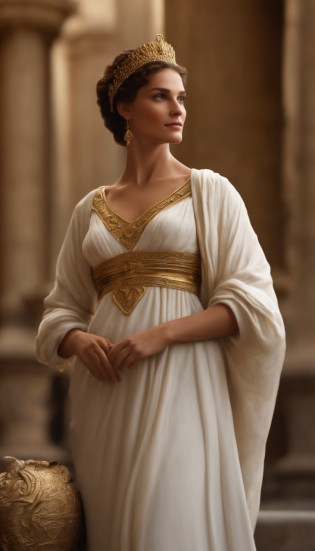 (Numerous award-winning masterpieces, with incredible details, Maximum textures and details), (hyper realistic:1.4), (Realstic:1.3), (Haut du corps vers le haut:0.4), (best quality real texture skin), ((Monde de la mythologie grecque)), finely detailed eyes, finely detailed face, visage en face, yeux doux, (Elle a un sourire gentil sur son visage:1.4), Friendly and feminine face, Roman Empress, avec une coiffure Romaine en an 65. brown and curly hair, en chignon. Long dress outfit draped in white. pas de boucle d'oreille et une couronne de laurier, imp�atrice. 1) Creating vibrant energy, Coucher de soleil tardif projetant une lueur chaude, a festive atmosphere embracing the Roman era, Meticulous attention to detail capturing the essence of elegance.